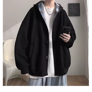 拼接格子连帽卫衣男秋冬季加绒加厚韩版潮流开衫外套宽松图片