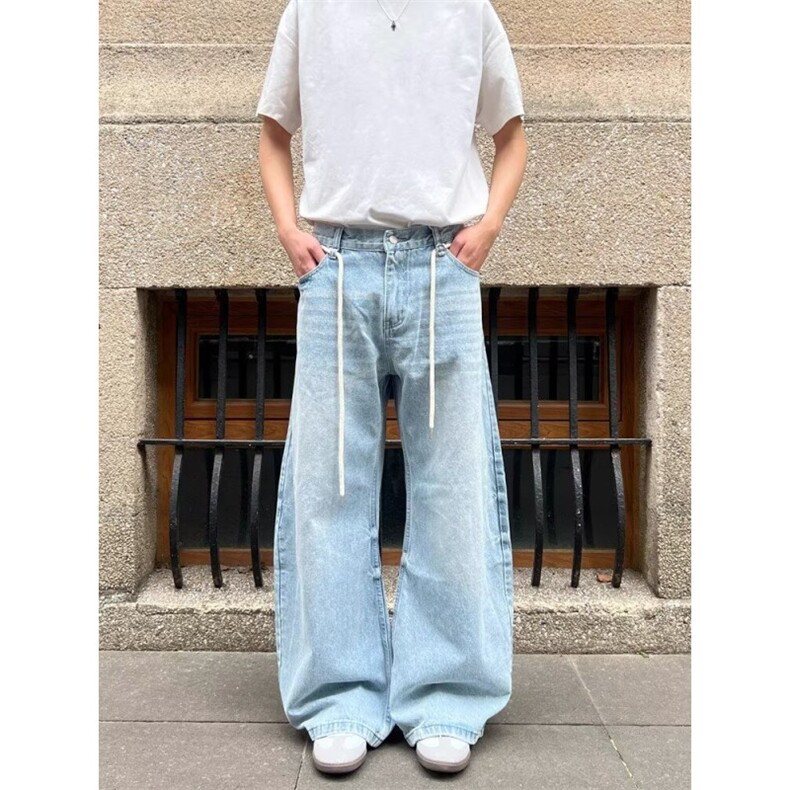 气质日系蓝色牛仔裤带绳子时尚潮流ins慵懒百搭简约流行新款原宿,男装牛仔裤,星座506A