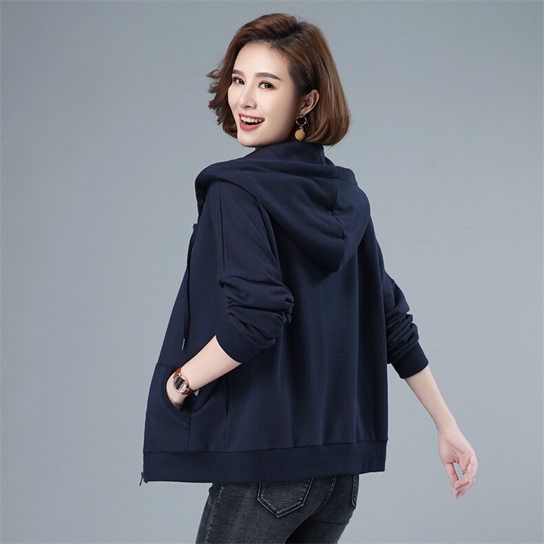 女士拉链纯棉上衣2021春秋季新款连帽纯色抽绳全棉通勤短款外套,女装短外套,伊满意