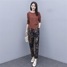2025春装休闲套头针织长袖花色修身长裤套装套裤,女装套装/套裙,施恩睿棋