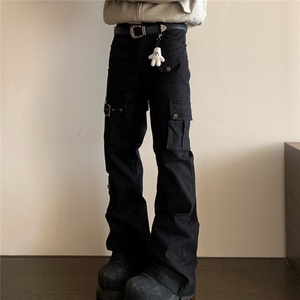 美式复古多口袋铆钉设计牛仔裤男高街嘻哈休闲直筒微喇修身长裤子,连体牛仔裙穿搭学生党图片