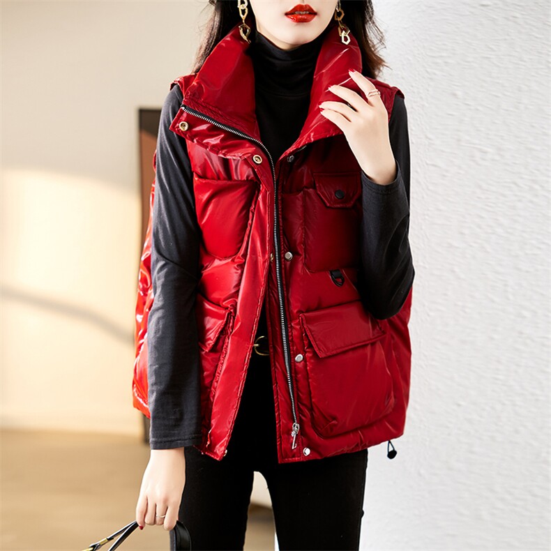 秋冬短款羽绒棉马甲外套女2022新款亮面免洗宽松背心坎肩外穿马夹，女装马甲，千千佰惠