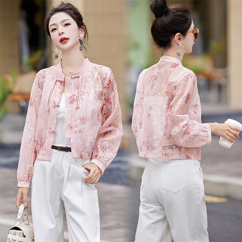 新中式女装短外套夏季2024新款轻国风盘扣刺绣气质上衣立领防晒衣，女装防晒衣，姿衣坊