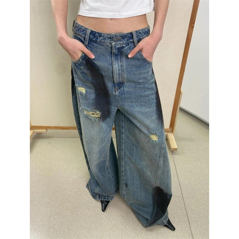 NZ507HH-P45cleanfit美式解构破洞喷绘弯刀牛仔裤痞帅高级感,男装牛仔裤,星座1007（原301D）