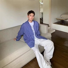 美式格子刺绣蓝色格纹衬衫外套潮牌男慵懒风长袖衬衣CY1210-P33，男装衬衫，星座412-3