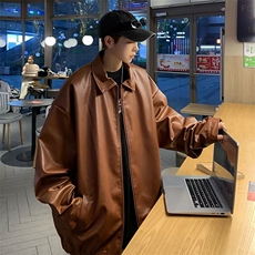 得物品质秋款男皮衣夹克杉宽松拉链休闲皮外套JK025P65，男装夹克，星座1013-1