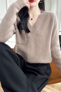 女V领羊毛衫2024秋冬新款宽松长袖短款针织衫图片