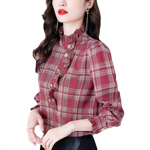 格子雪纺衬衫女士春装2021年新款秋时尚欧货上衣小衫长袖洋气衬衣图片