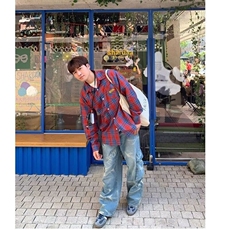 美式复古绿色格子衬衫男女宽松设计感上衣休闲长袖衬衣外套春秋，男装衬衫，星座506A