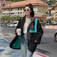 年秋季时尚设计感小众撞色宽松西服黑色休闲减龄外套，女装西装，帛香坊
