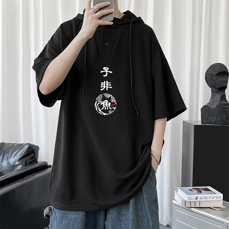 LD54070-P45 连帽短袖t恤男大码胖子带帽五分袖中袖图片