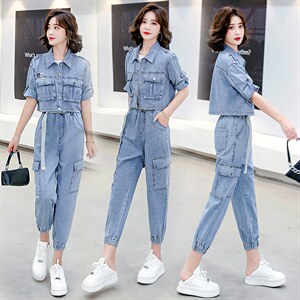 2022夏季新款简约气质减龄翻领个性复古牛仔两件套,女装套装/套裙,魅影