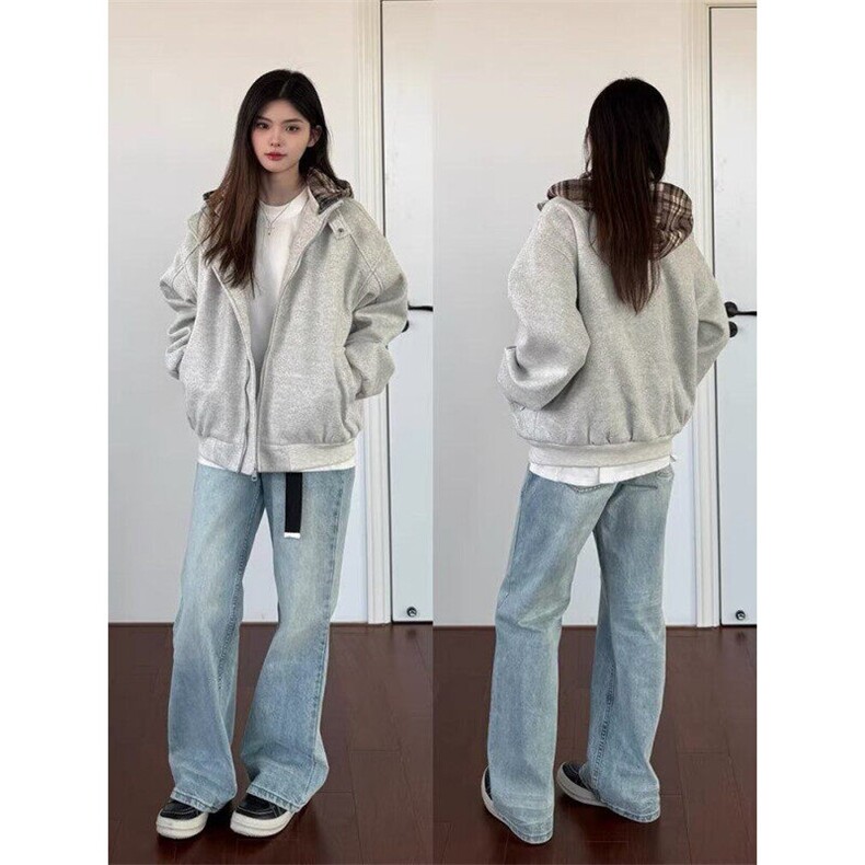 美式秋冬季2024假两件格子连帽棉服男女同款复古街头拉链上衣外套,男装夹克,星座506A