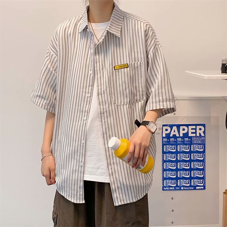 条纹短袖衬衫男韩版潮流百搭ins港风学生上衣日系夏季五分袖衬衣,男装T恤,星座506A
