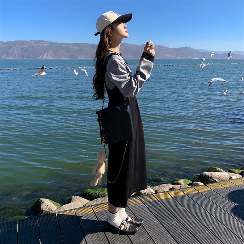 23年新品拼色后开叉假两件连衣裙,女装连衣裙,菡迪欧娜