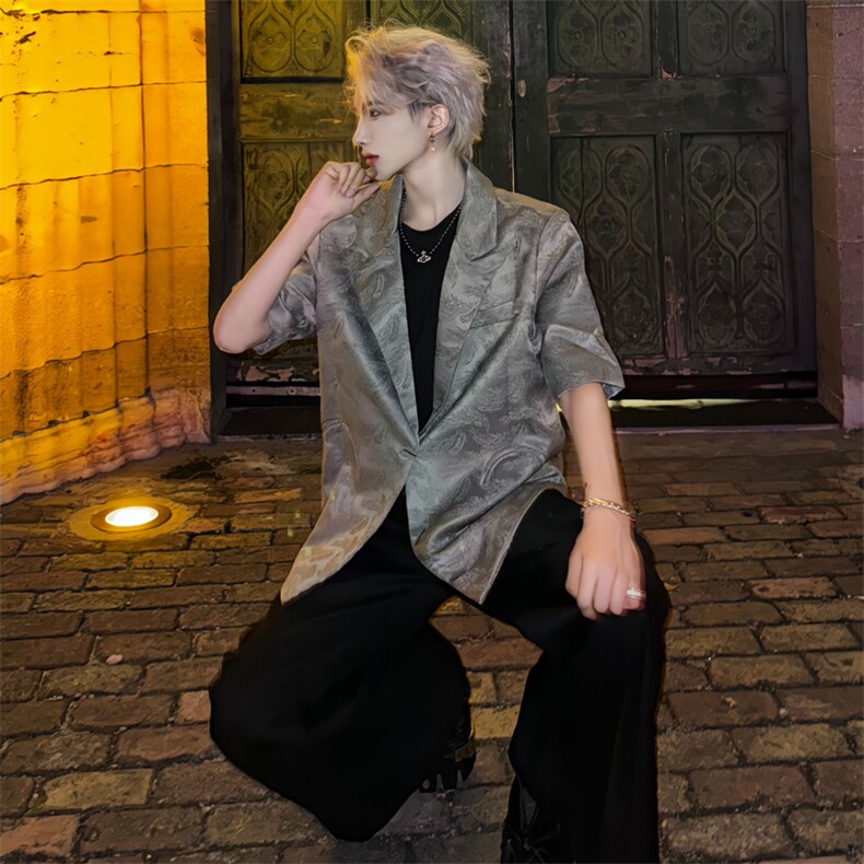 （自家图)风新中式羽毛提花短袖西装外套宽松薄款西服2310-P98,男装T恤,星座910-5