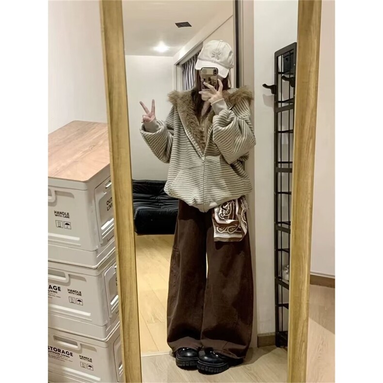 美式复古条纹兔耳重磅加绒毛毛外套开衫毛领卫衣连帽女秋冬新款,女装短外套,星座1210-1