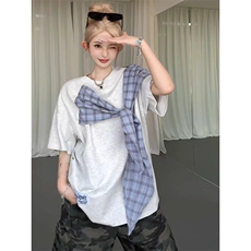 拼接格子布装饰高品质260克双纱纯棉美式高街短袖T恤特P35，男装T恤，电商A486-1