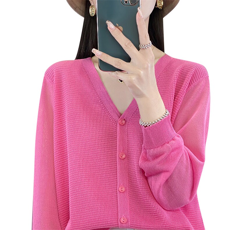 冰丝纯色V领针织长袖防晒衣女外套薄款配裙子外搭简约空调罩衫潮,针织衫/毛衣,秋虹羊绒