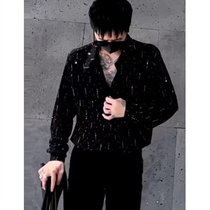 夜店发型师垫肩衬衫男士夏季烫钻宽松痞帅长袖衬衣 CK226图片