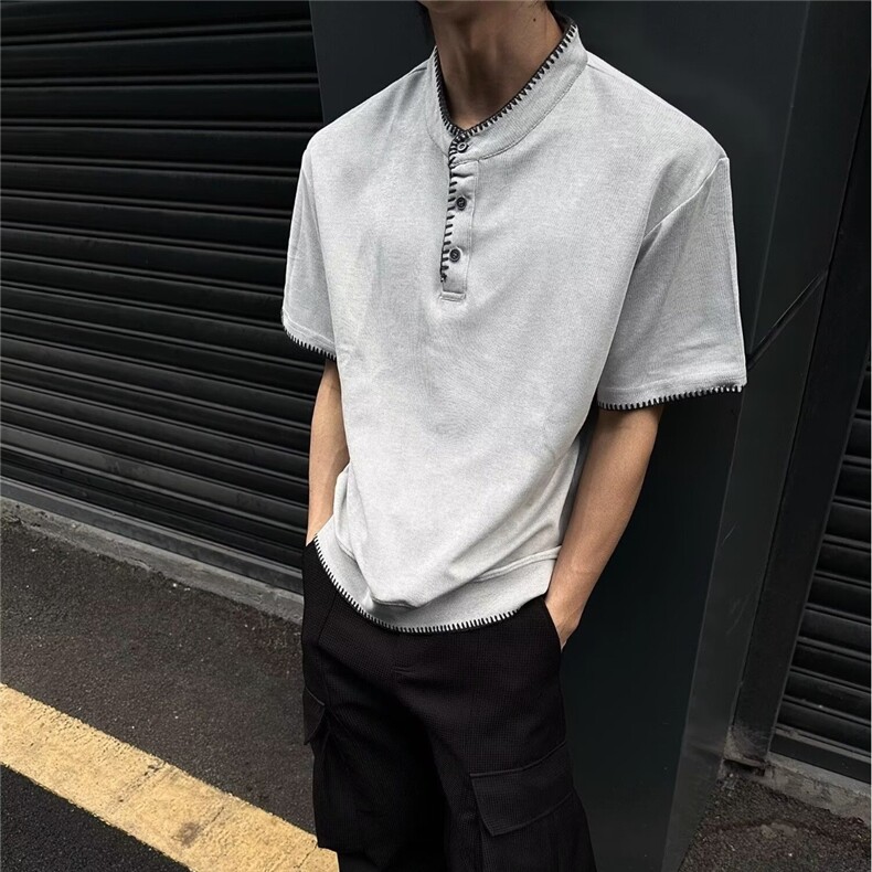 2025夏季美式老钱风短袖t恤男设计感小众亨利领慵懒针织上衣,男装针织衫/毛衣,星座506A