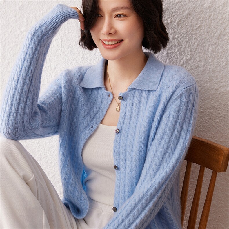 2025春秋新款羊绒衫女100纯山羊绒翻领长袖针织开衫毛衣休闲上衣,女装羊绒衫,雪真羊绒高端店