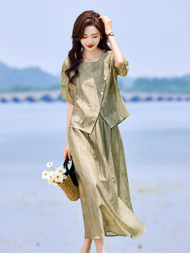 蓝色连衣裙套装女2025新款韩系夏日穿搭一整套短袖吊带裙子三件套,女装套装/套裙,靓衣阁