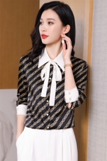 气质系带重磅真丝衬衫女2026春新款撞色拼接真丝条纹上衣A3555，女装衬衫，阿舍尔精品