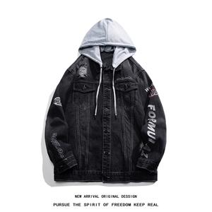 JK3010-p85  M-5X白底ins牛仔夹克绣花破洞大码男日系CITYBOY图片