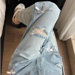 大码胖mm美式高街复古蝴蝶结破洞牛仔裤女夏直筒阔腿拖地长裤子潮图片