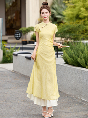 新中式国风改良旗袍女夏装洋气优雅修身气质清冷感复古长款连衣裙，女装连衣裙，依多米