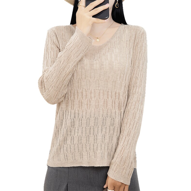 秋季新款毛衣女宽松低圆领长袖套头韩版镂空薄款搭打底羊毛针织衫,针织衫/毛衣,佳绒包芯纱店
