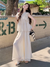 超仙时尚雪纺无袖木耳边套装女2026夏新款半透减龄阔腿裙裤两件套，女装套装/套裙，水衣源