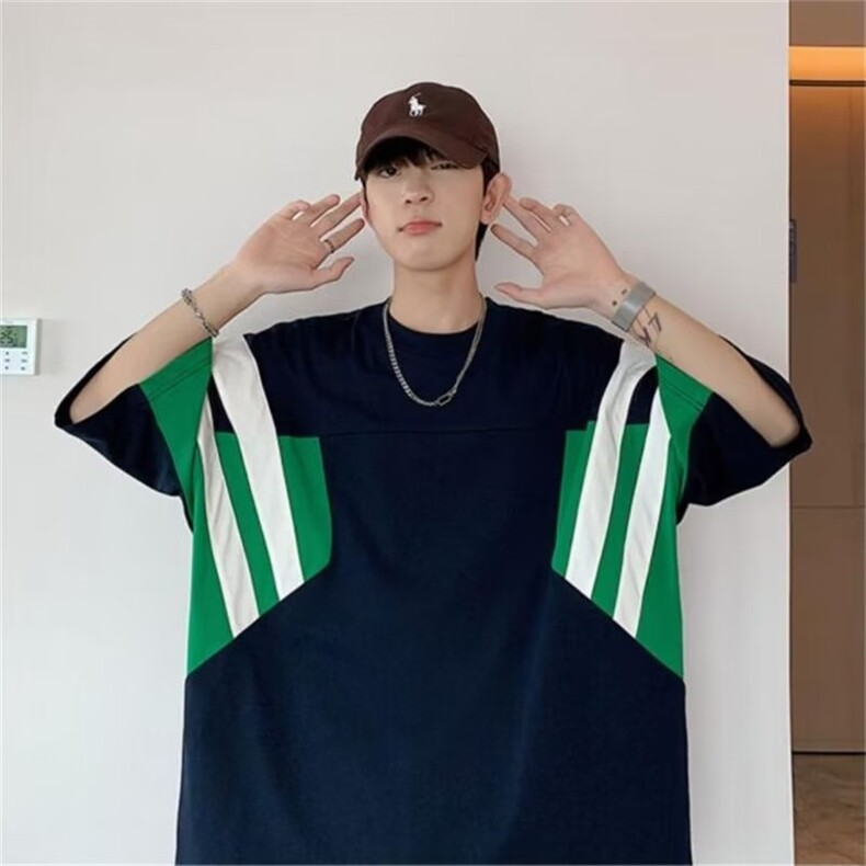 欧美高街t恤原创拼接hiphop棒球短袖男夏季重磅藏青色条纹五分袖,男装T恤,星座1210-1