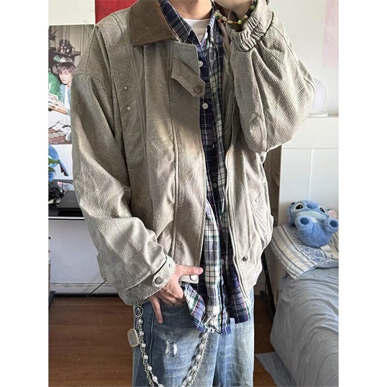 灯芯绒复古潮牌pu皮翻领夹克男女美式街头古着感情侣外套J686,男装夹克,星座1116A（原606A-3）
