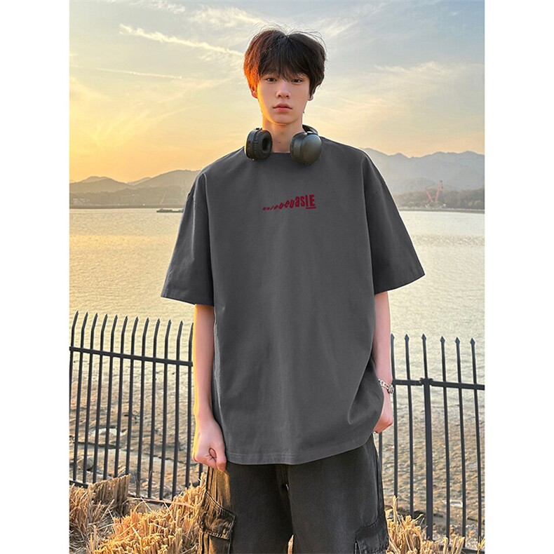宽松情侣款简约复古上衣港风文艺休闲款百搭纯棉短袖T恤HY796TP18,男装T恤,电商A102B