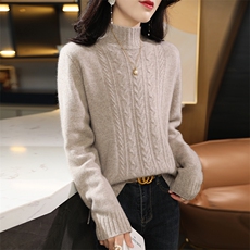 秋冬季纯澳毛七针加厚半高领女中间纽花羊毛衫，女装羊毛衫，君贝羊绒