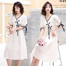 现货.2024年夏季V领时尚气质潮流中长款百搭韩版优雅连衣裙，女装连衣裙，尚洛菲