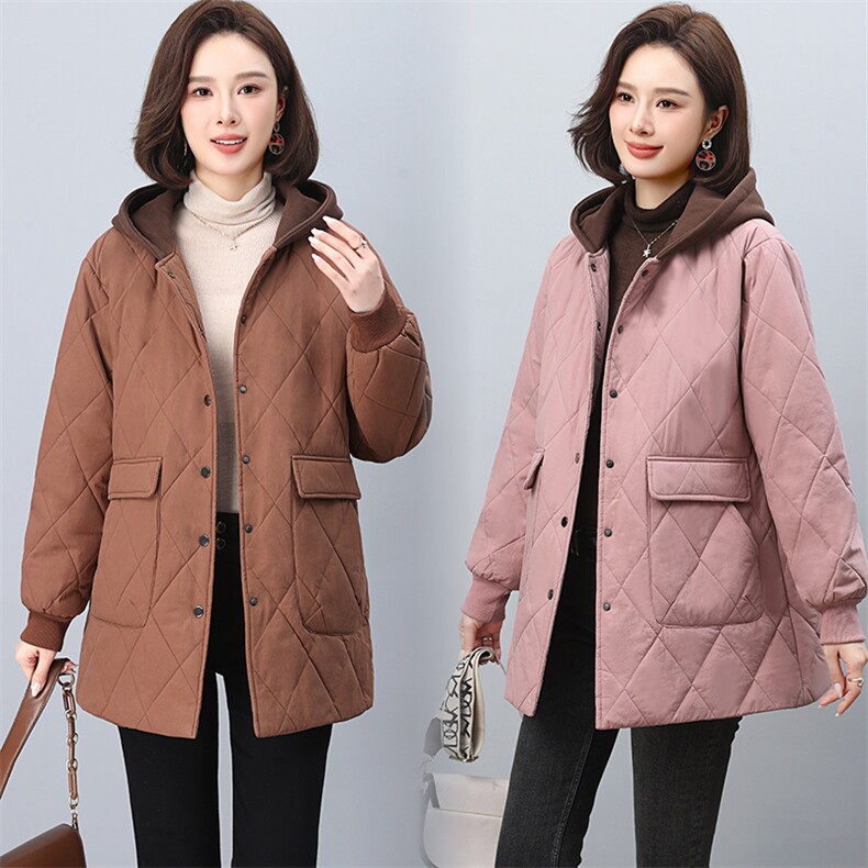 2024冬季新款潮中长款连帽夹棉菱格外套棉衣棉服女韩版休闲图片