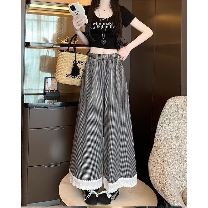 日系蕾丝花边格子阔腿裤宽松显瘦休闲裤女春季高腰直筒裤气质长裤,女装休闲裤,星座1210-1