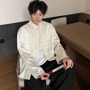 现货 男士新中式立领长袖翻袖撞色花鸟提花衬衫KS513-P85控98图片