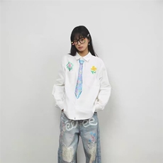 美式复古创意设计感蜡笔手绘领带衬衫趣味学院风涂鸦衬衣男女，男装衬衫，星座1210-1