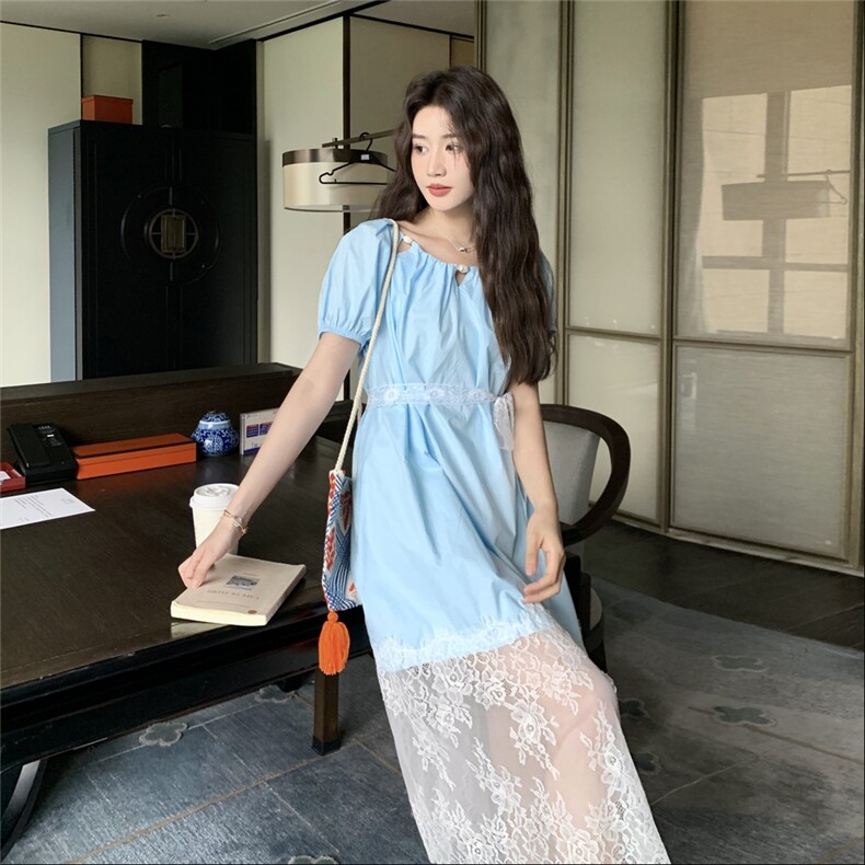 夏季韩系宽松显瘦甜美设计感独特漂亮长裙温柔风蕾丝拼接连衣裙女,女装连衣裙,2C353