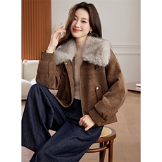 羊羔毛皮毛一体大翻领围脖夹克女冬新款小个子加棉短外套，女装棉衣/棉服，秀美人生
