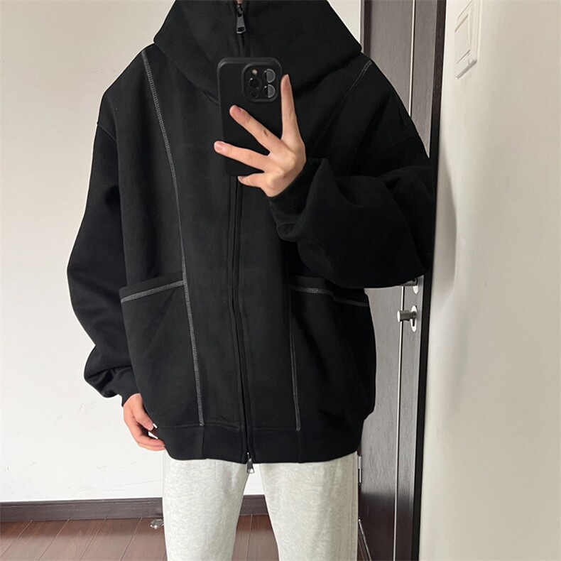抖音得物高品质秋冬美式高街重磅结构辑明线纹理连帽卫衣外套W111,女装短外套,电商A486-1