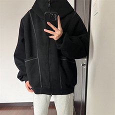 抖音得物高品质秋冬美式高街重磅结构辑明线纹理连帽卫衣外套W111，女装短外套，电商A486-1