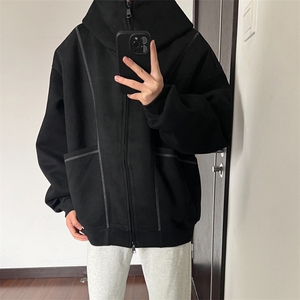抖音得物高品质秋冬美式高街重磅结构辑明线纹理连帽卫衣外套W111图片