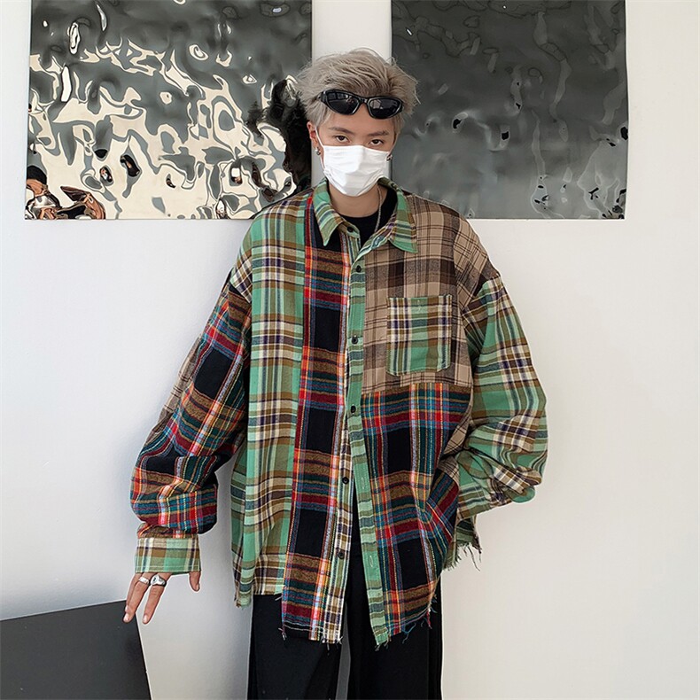 S134-P42美式宽松型格子拼接长袖衬衫,男装衬衫,星座1501-1