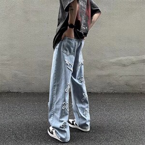 wassup happy水洗黑色牛仔裤子男春秋夏季2025新款宽松休闲阔腿裤图片