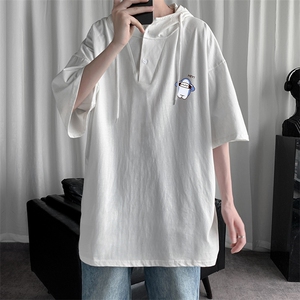 LD54167-P45 连帽短袖t恤男大码胖子带帽五分袖中袖图片